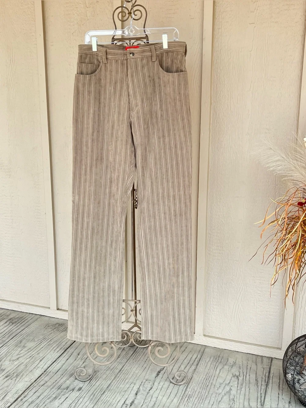 Vintage Emanuel Ungaro Pants Unisex Wide Leg Striped Corduroy Taupe Cream 34x34